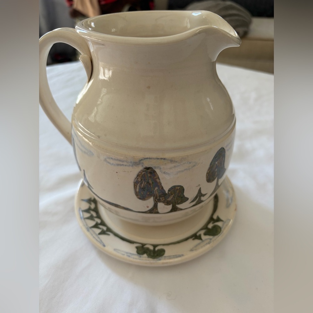 Vintage Lynn Gray Studio Pottery Pitcher w/ Underplate – Hand Thrown